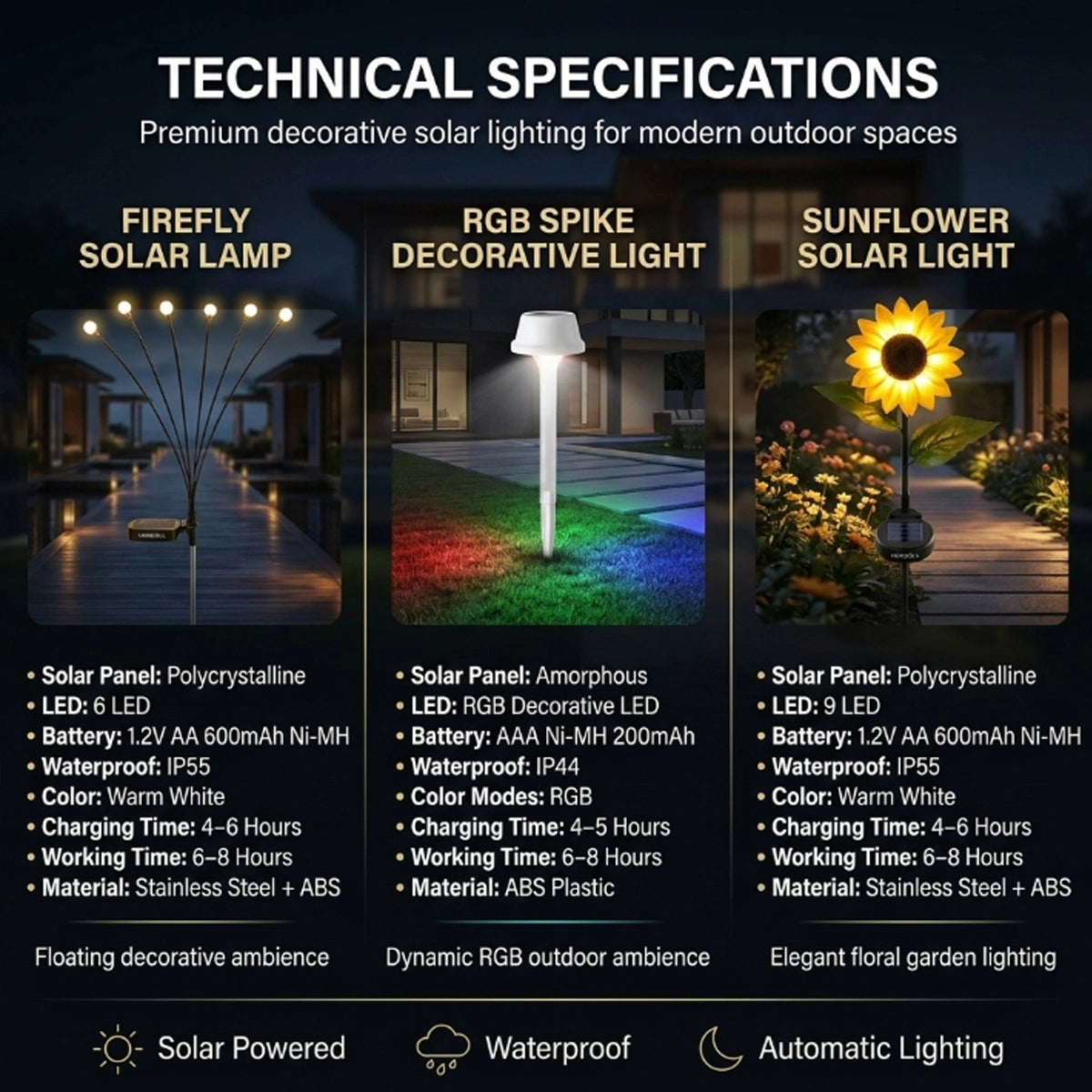 Technical specifications of premium decorative solar lights for outdoor use.