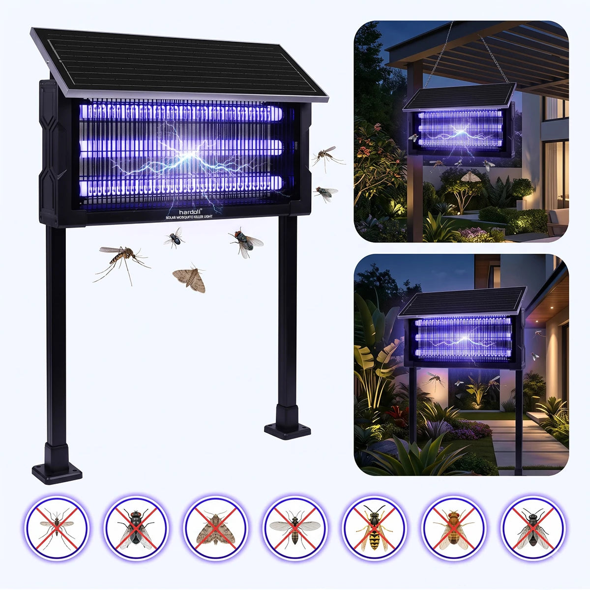 Black solar-powered mosquito and insect trap light with a purple UV light box, shown on a white background with flying insects, two inset photos of it lit at night outdoors, and circular icons of different insects with crossed-out symbols below.