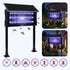 Black solar-powered mosquito and insect trap light with a purple UV light box, shown on a white background with flying insects, two inset photos of it lit at night outdoors, and circular icons of different insects with crossed-out symbols below.