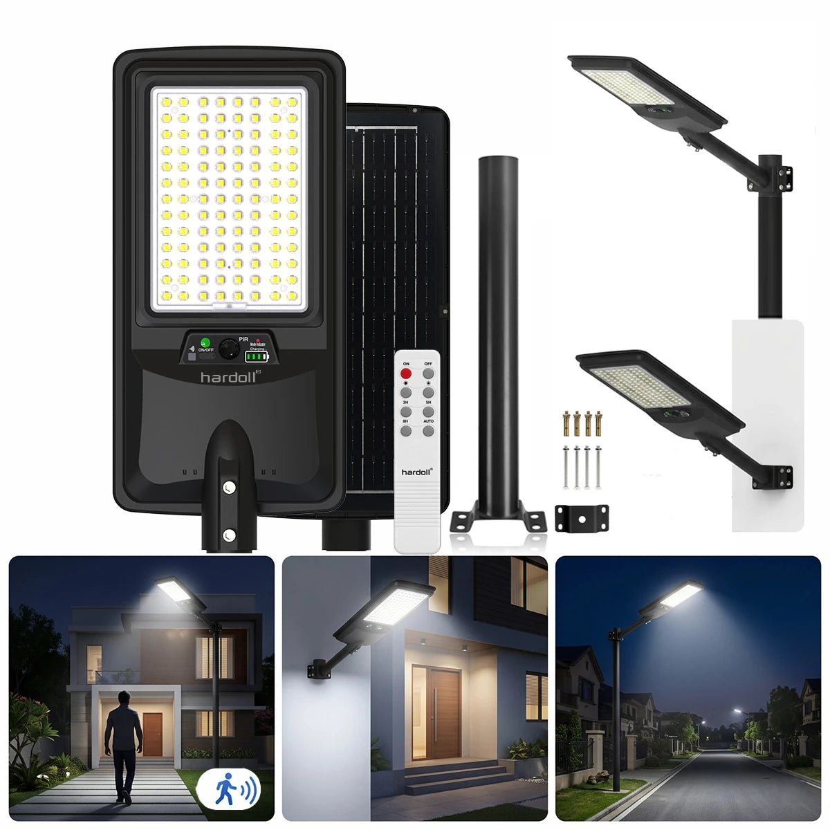 Black solar-powered LED outdoor wall light with a remote control, mounting pole, wall bracket, and screws, shown on a white background with three lifestyle night-use photos at the bottom illustrating home and street lighting.
