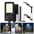 Black solar-powered LED outdoor wall light with a remote control, mounting pole, wall bracket, and screws, shown on a white background with three lifestyle night-use photos at the bottom illustrating home and street lighting.
