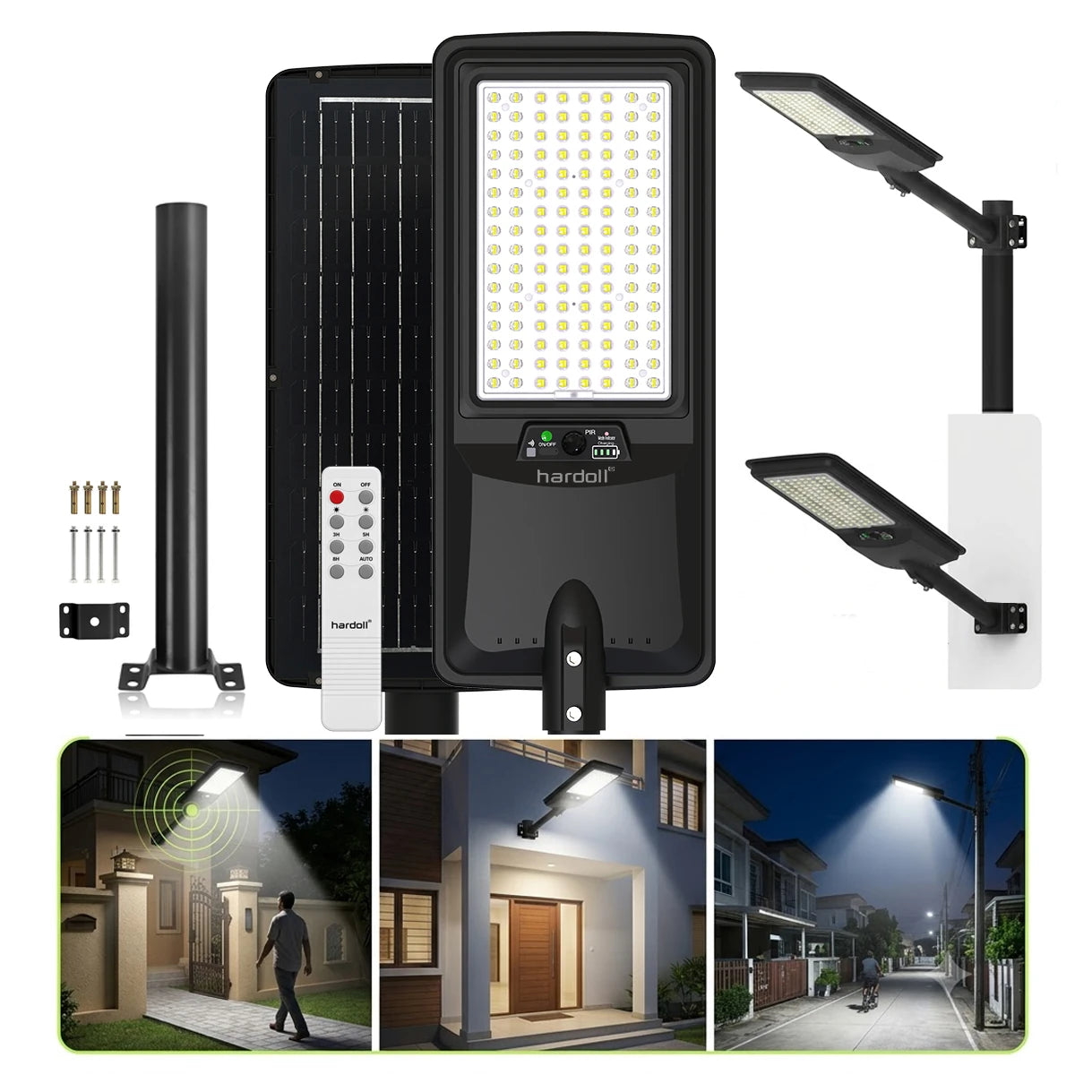 Hardolf solar-powered outdoor LED street light kit with a rectangular solar panel, black light head, mounting pole, remote control, wall mount, and three nighttime usage scene thumbnails showing illuminated pathways and porch lighting.
