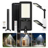 Hardolf solar-powered outdoor LED street light kit with a rectangular solar panel, black light head, mounting pole, remote control, wall mount, and three nighttime usage scene thumbnails showing illuminated pathways and porch lighting.